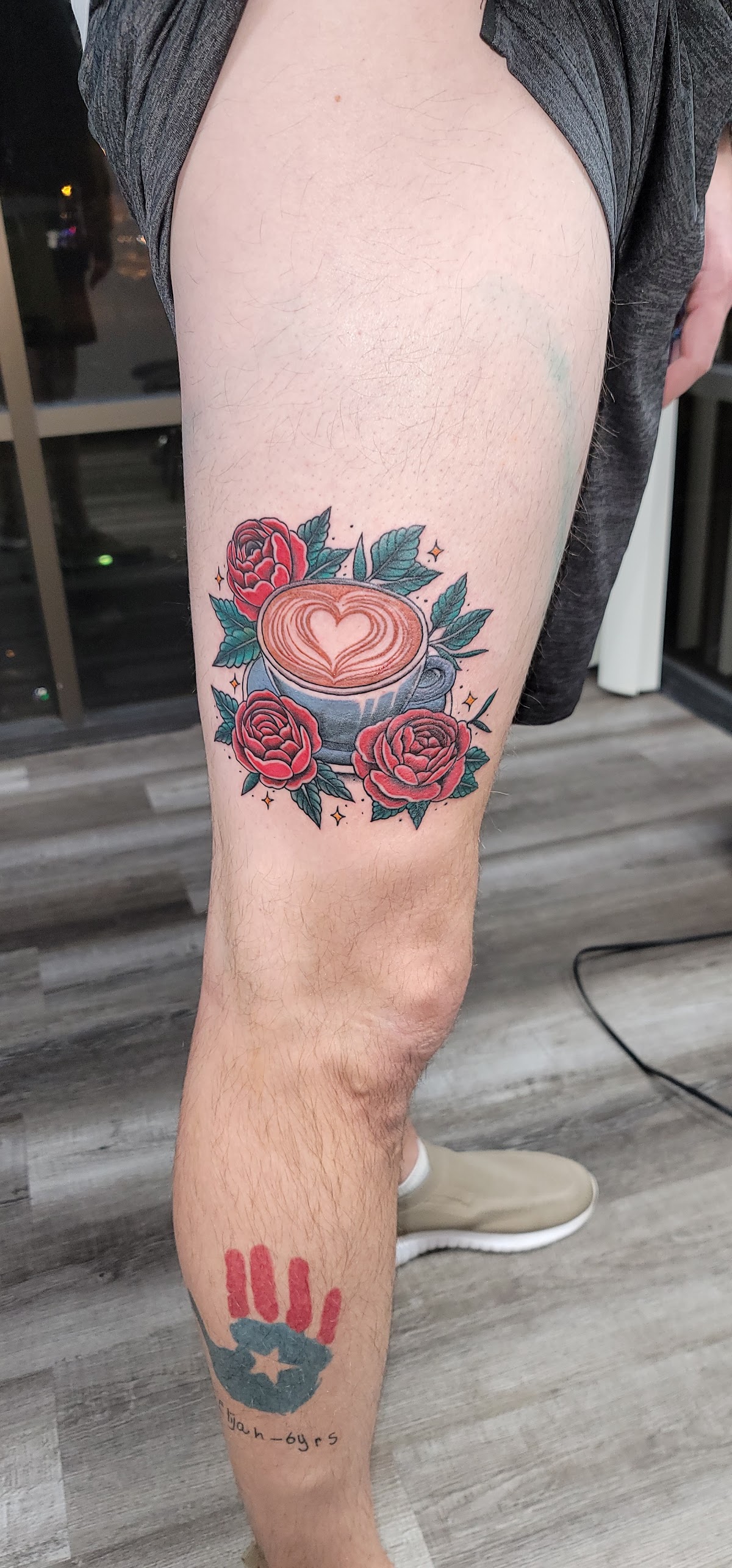 Color traditional rose and coffee cup tattoo by Magnetic Ink